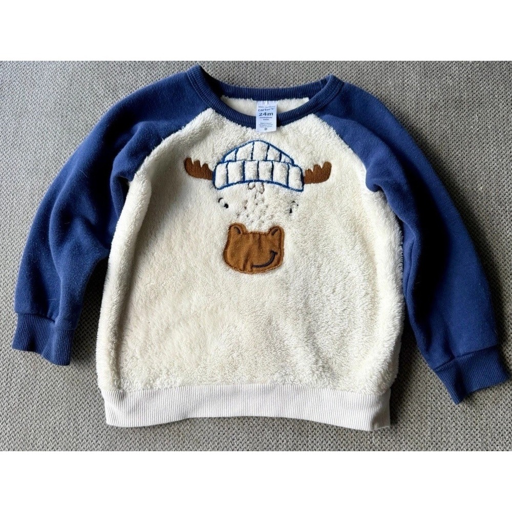 Carter's 24M Moose Sherpa Sweatshirt Toddler Pullover Blue Cream Fleece